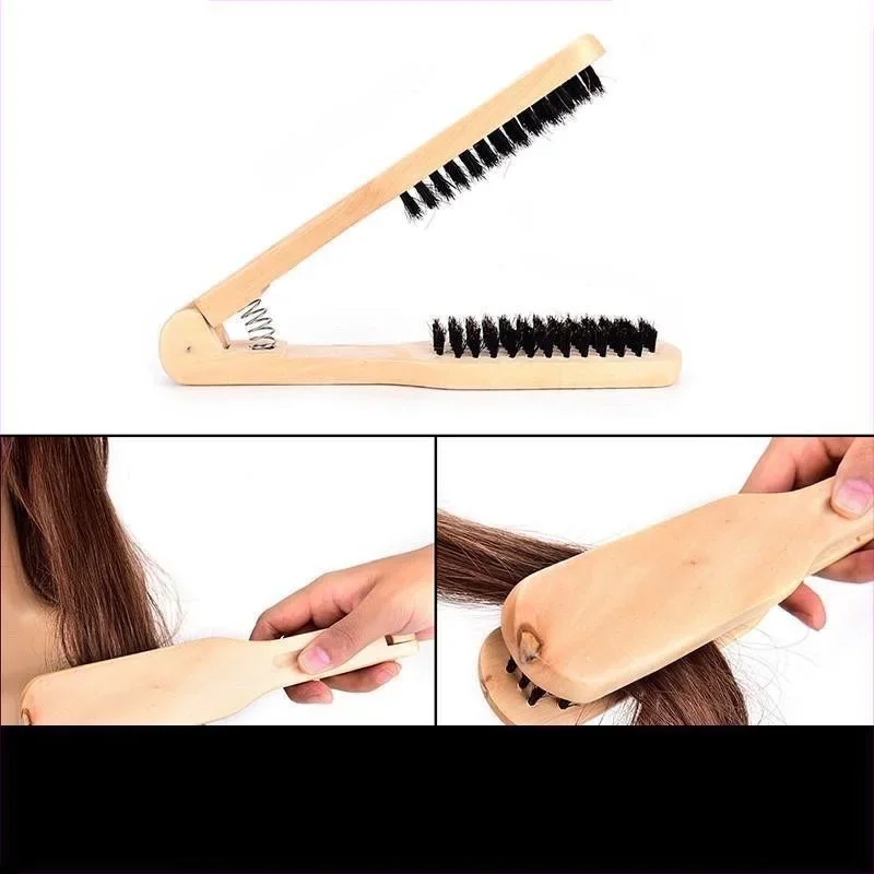 Wood & Bristle Straightener Hair V Comb Hairdressing Styling Straightening Brush