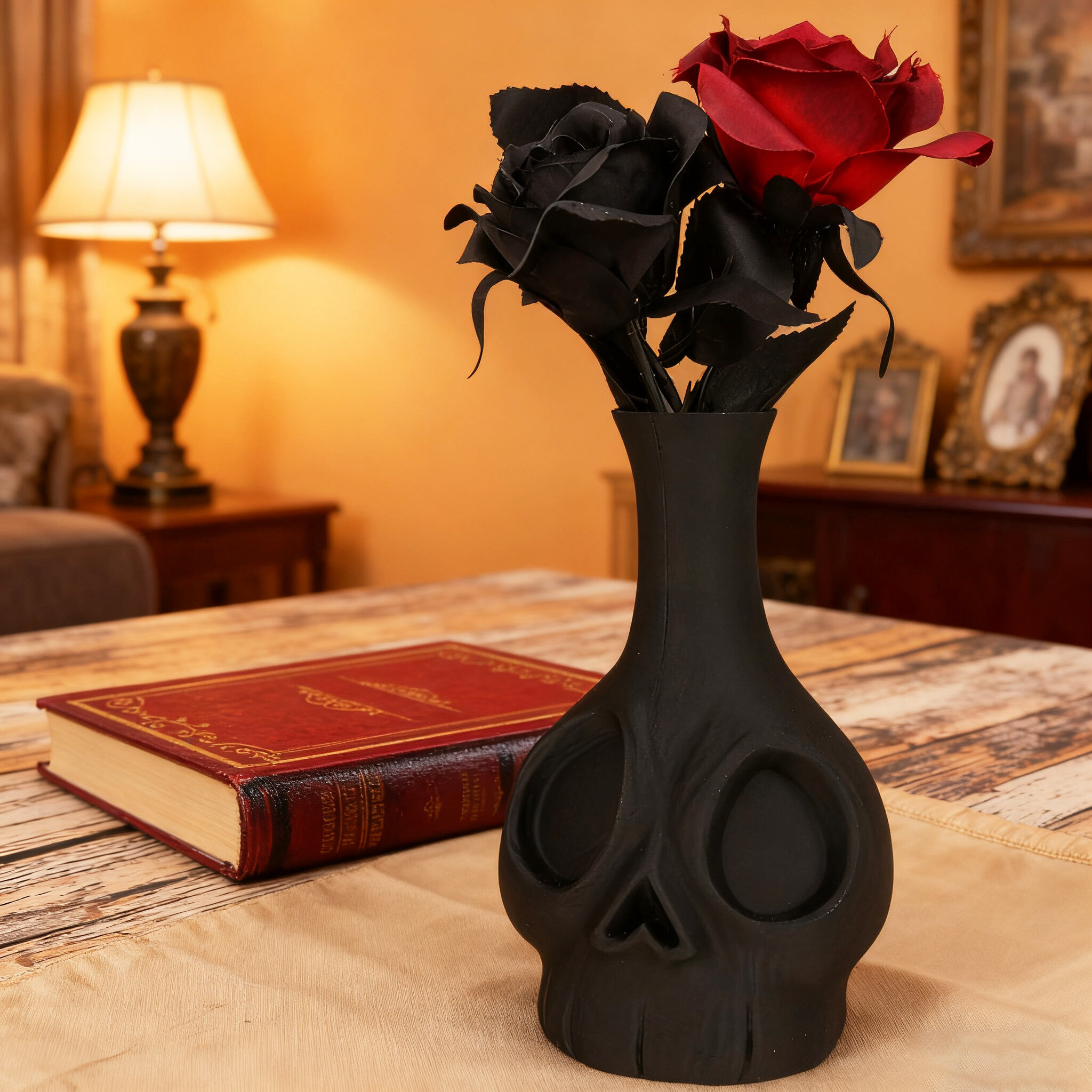 Matte Black Skull Shaped Ceramic Vase Retro Gothic Table Decor_voghion.com