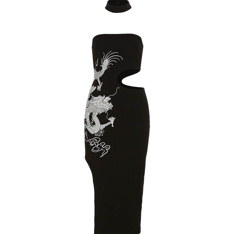 New Chinese Style Sexy Dragon Pattern Cut Out Collar Dress Female New ...