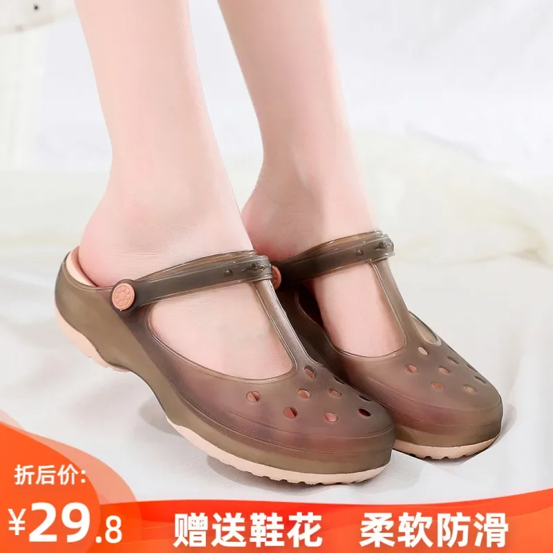 Crocs Female Non-Slip Thick Bottom for Outdoors Slippers Flat Heel Soft Bottom Baotou Sandals Summer Sandals Korean Version of the Gel Shoes