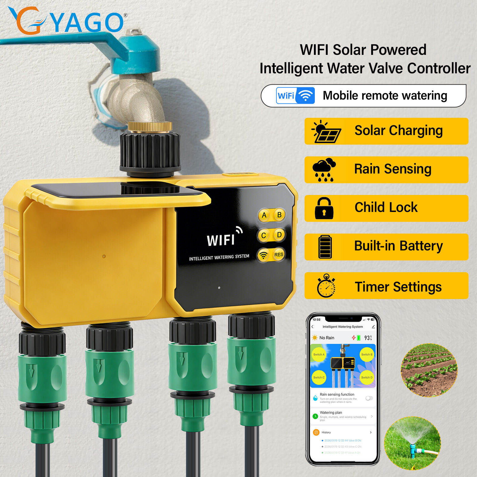 [READY STOCK]RCYAGO 4-Way Solar WiFi Smart Water Timer, Auto Rain Sensor Garden Irrigation Controller for Lawn ราคา 2,105 บาท*ส่งฟรี