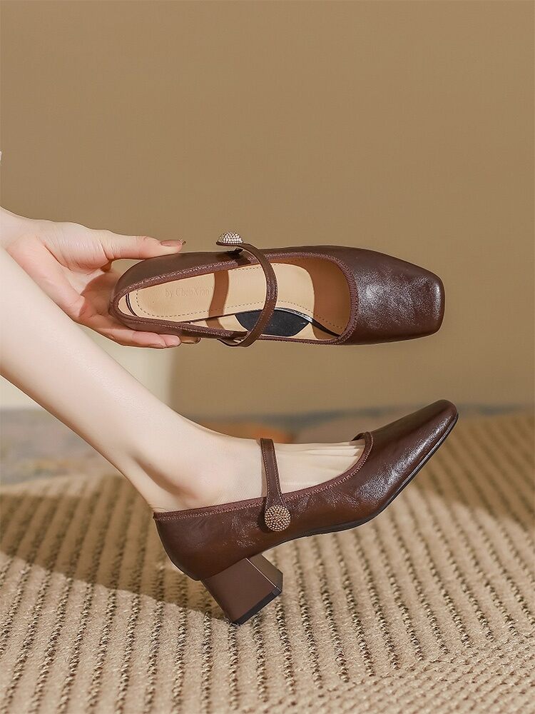 Comfortable Retro Leather Mary Jane Shoes for Women Spring Autumn Square Head Thick Heel Single Shoes Fashionable All-Match Harga  330 Ringgit*Penghantaran Percuma