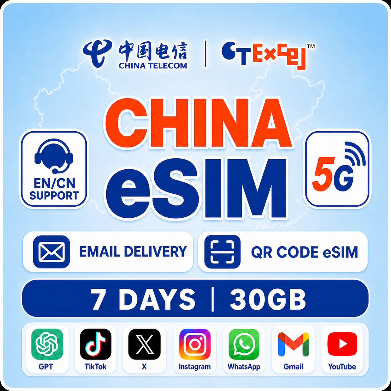 [China Telecom] Mainland China 5G eSIM | 7 Days | 30GB | TikTok, X & ChatGPT | QR Code ราคา 846 บาท*ส่งฟรี