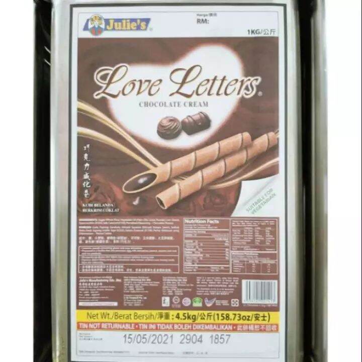 Biskut Tin 4 5kg Julie S Love Letter Chocolate Filling Wafer Roll Stick Lazada