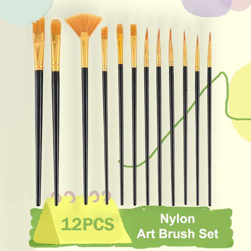 12Pcs Nylon Bristle Flat Paint Brushes Set Watercolor Oil Acrylic Painting Brushes for Artist & Amateur