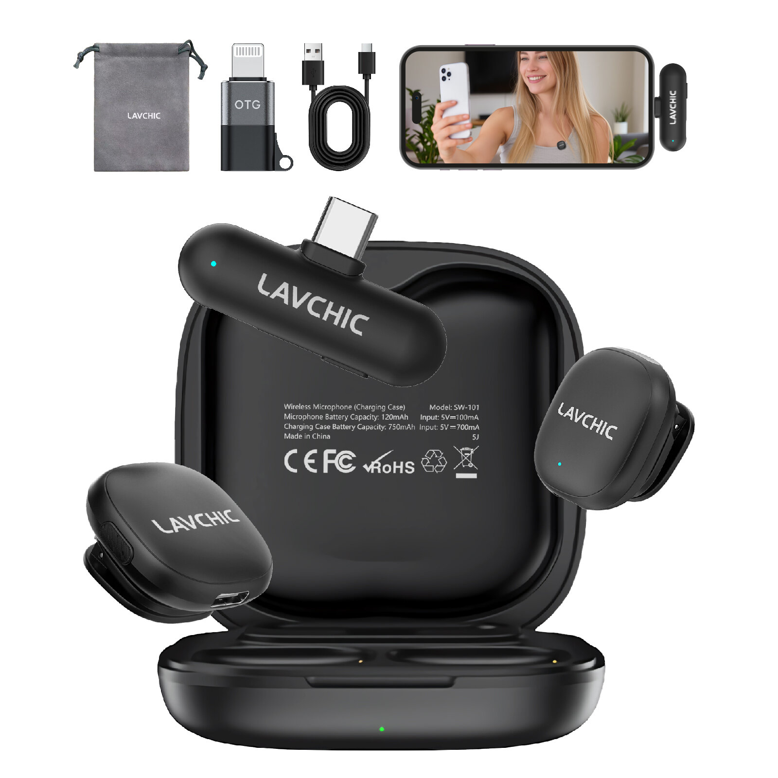 Mini Wireless Lavalier Mic 48KHz Digital 50M Range 8H Battery Charging Box  TYPE-C Lightning AI Noise Reduction iPhone Android Live Stream Vlog TikTok LAVCHIC