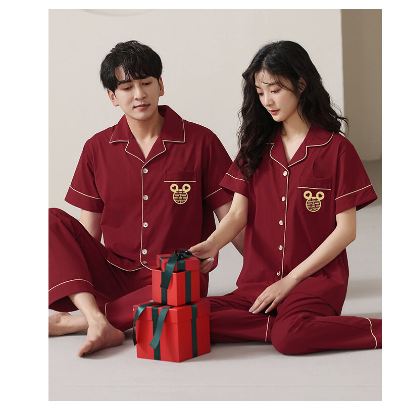 Cotton Pajamas Couple Set Summer Short Sleeve Long Pants Red High End Wedding Men's Home Clothes Women's Sleepwear Set