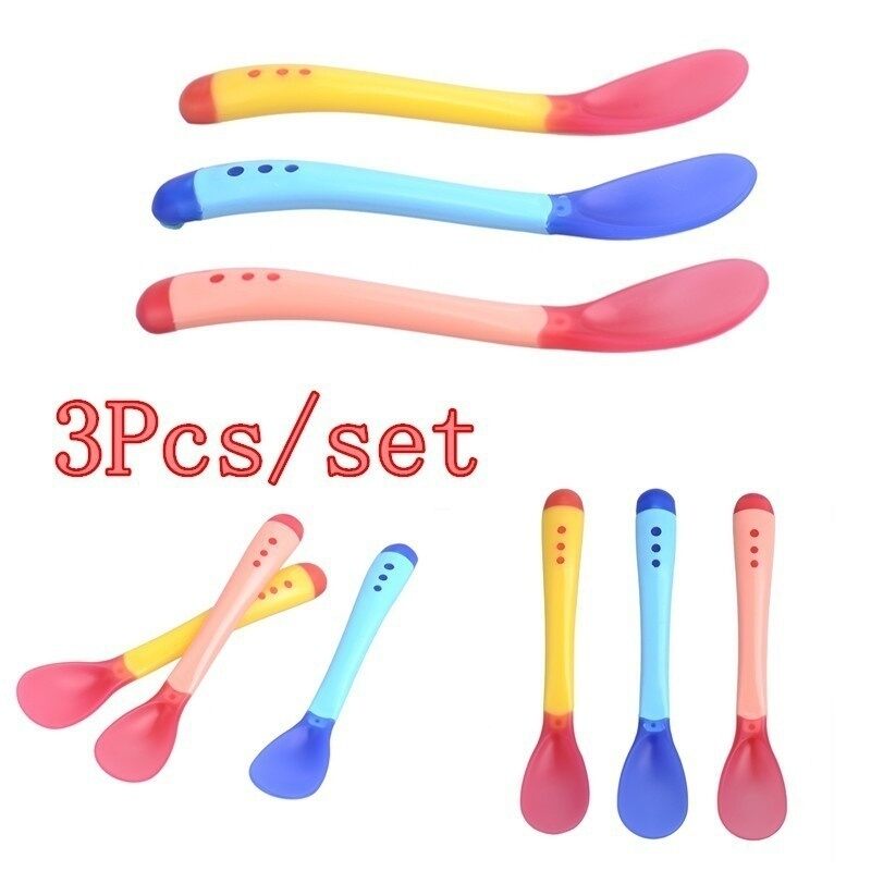 3Pcs Baby Temperature Sensing Silicone Spoons Soft Feeding Spoon Set Infant Toddler Flatware Soup Spoon Tableware