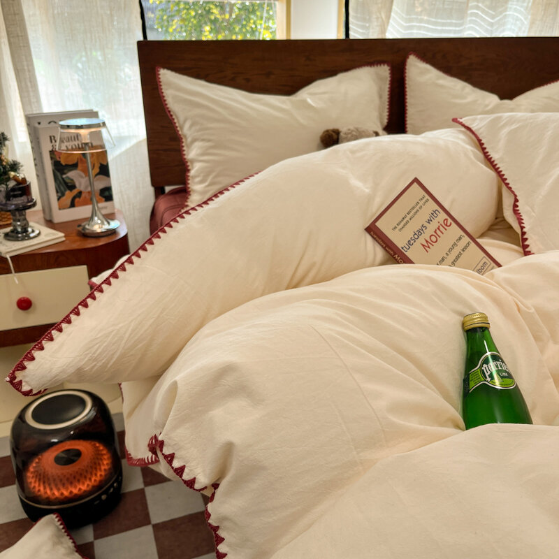 Simple Pure Cotton Washed Bedding Set Shell Edge Duvet Cover Bed Sheet Three Piece Set Four Piece Set Comforter Cover Pillowcase Harga  173 Ringgit*Penghantaran Percuma