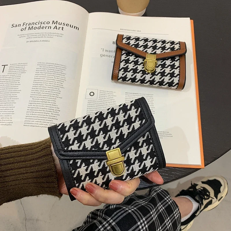 New Trendy Houndstooth Contrast Color Folding Canvas Wallet Women's Short and Simple Retro Multi-Card Position Long Clutch