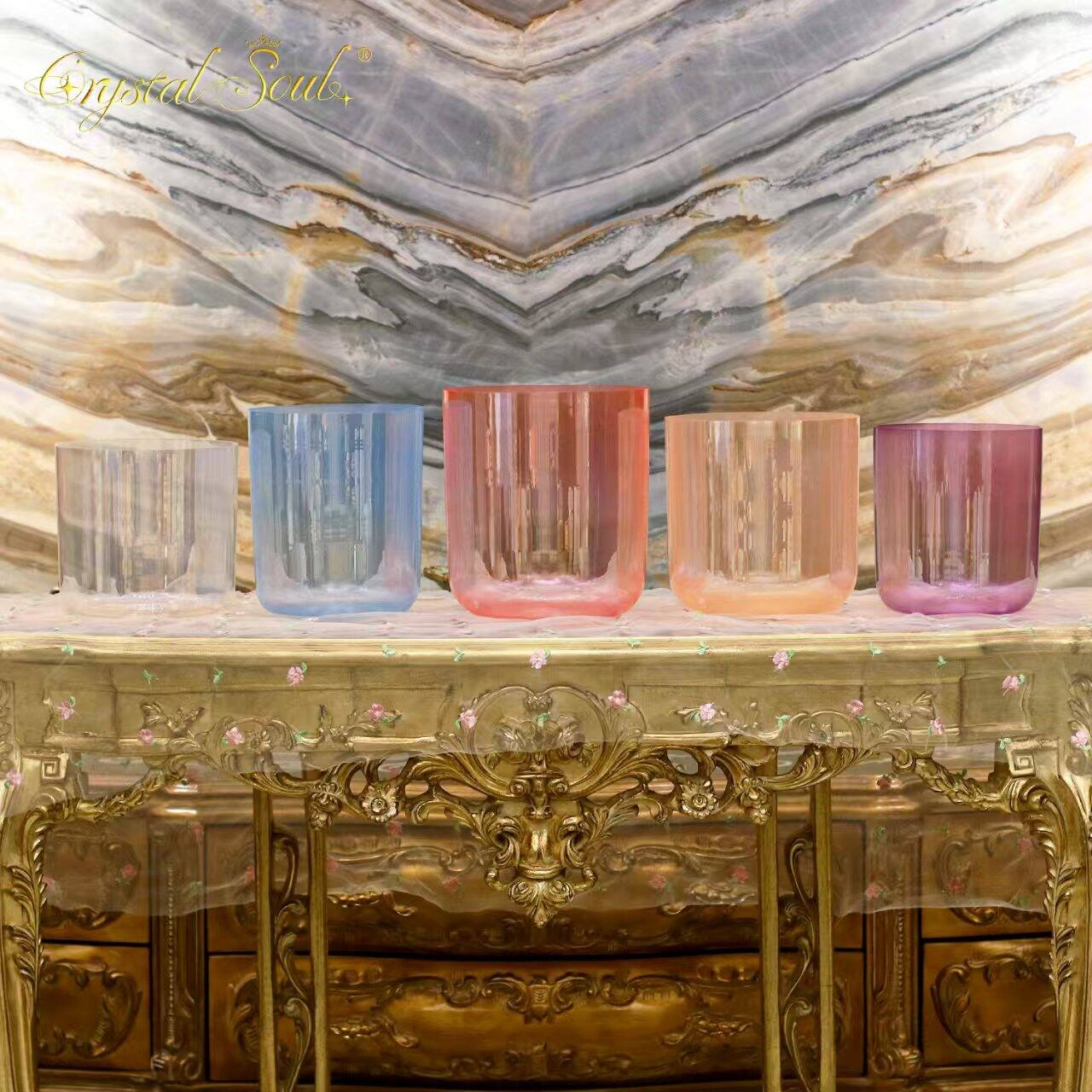 Crystal Soul Large Size 7-8.5 Inch Five element Pearl Colored Alchemy Crystal Bowl Set Meditation Crystal Singing Bowl Sets