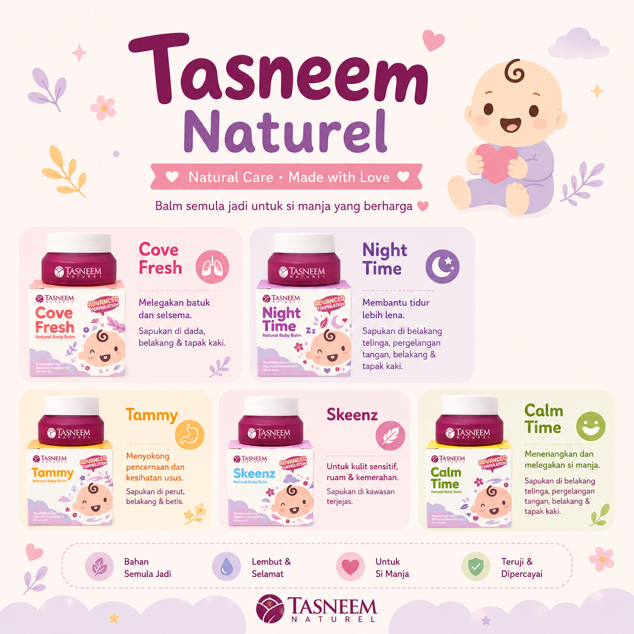 Balm Baby Tasneem Naturel untuk Bayi Newborn Original HQ - Balm CF rub Sleep Time Trub Calm Time Skeenz Sleepy Pillow Mist Mandian Bayi Minyak Telon