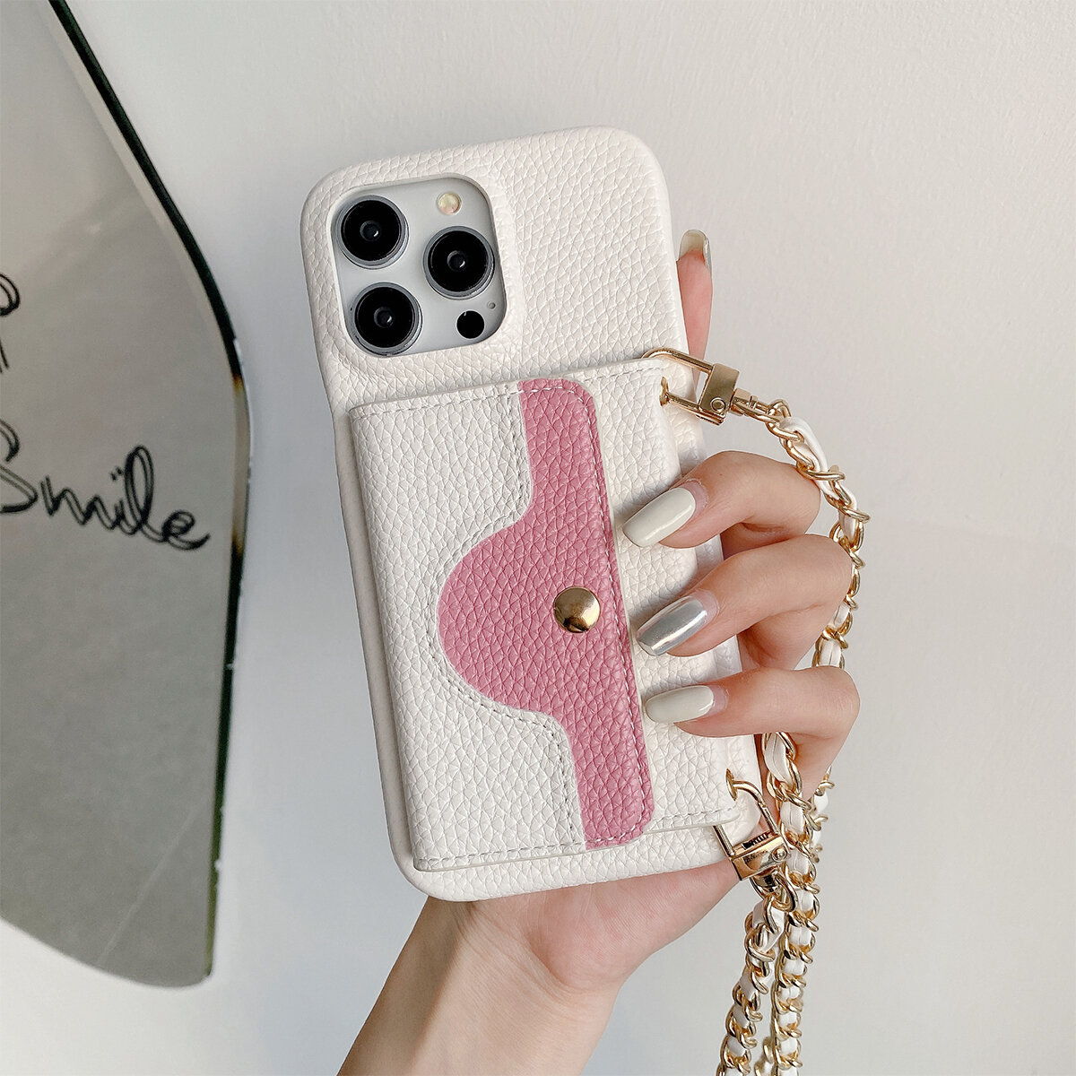 Luxury Wallet Phone Case With Metal Chain And Mirror For Iphone_voghion.com