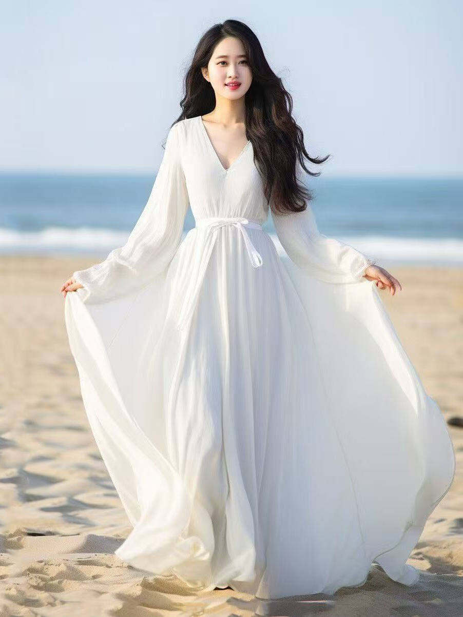 Lazada Beach Maxi Dress With Sleeves Elegant White Long Sleeve Summer Beach  Dress