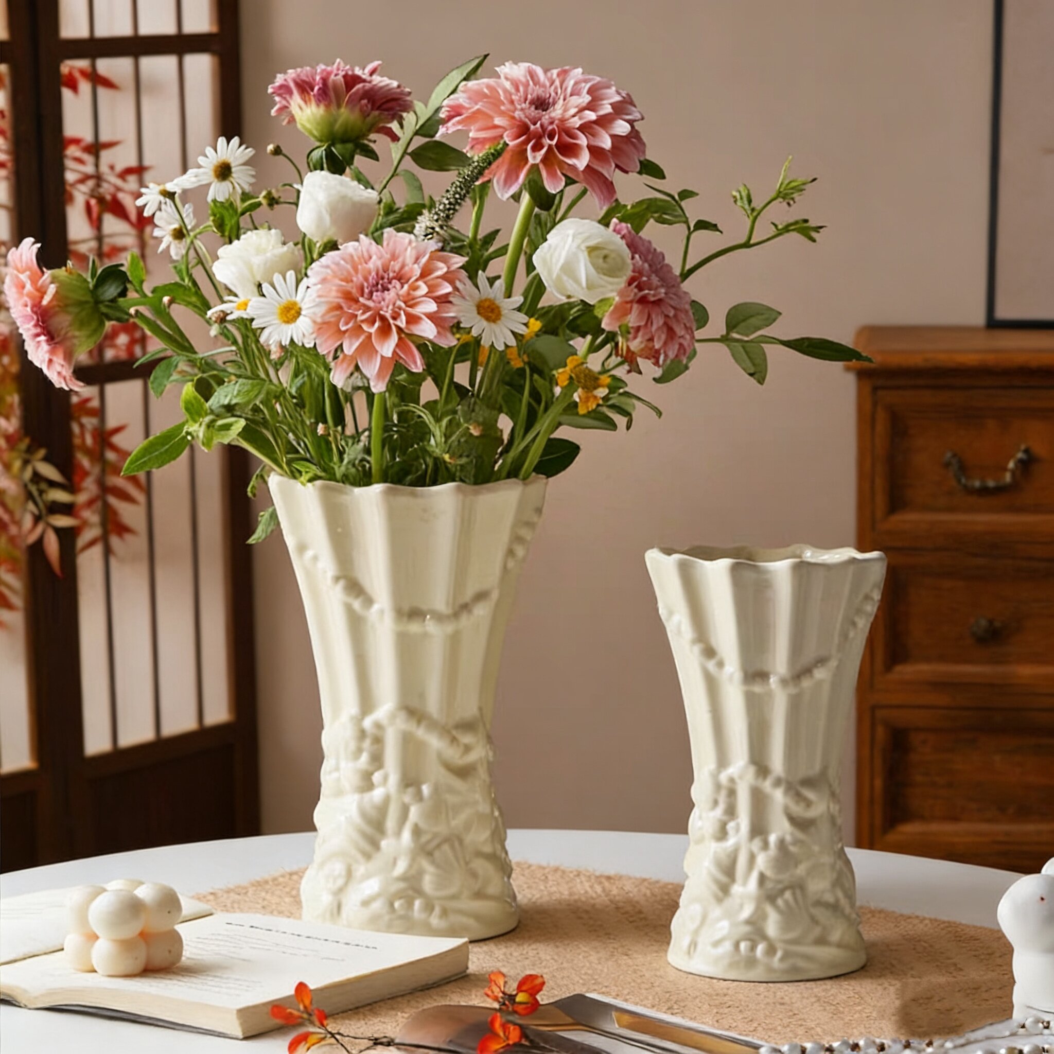 Franse keramische bloemvaas met reliëf voor hydrocultuur decor_voghion.com