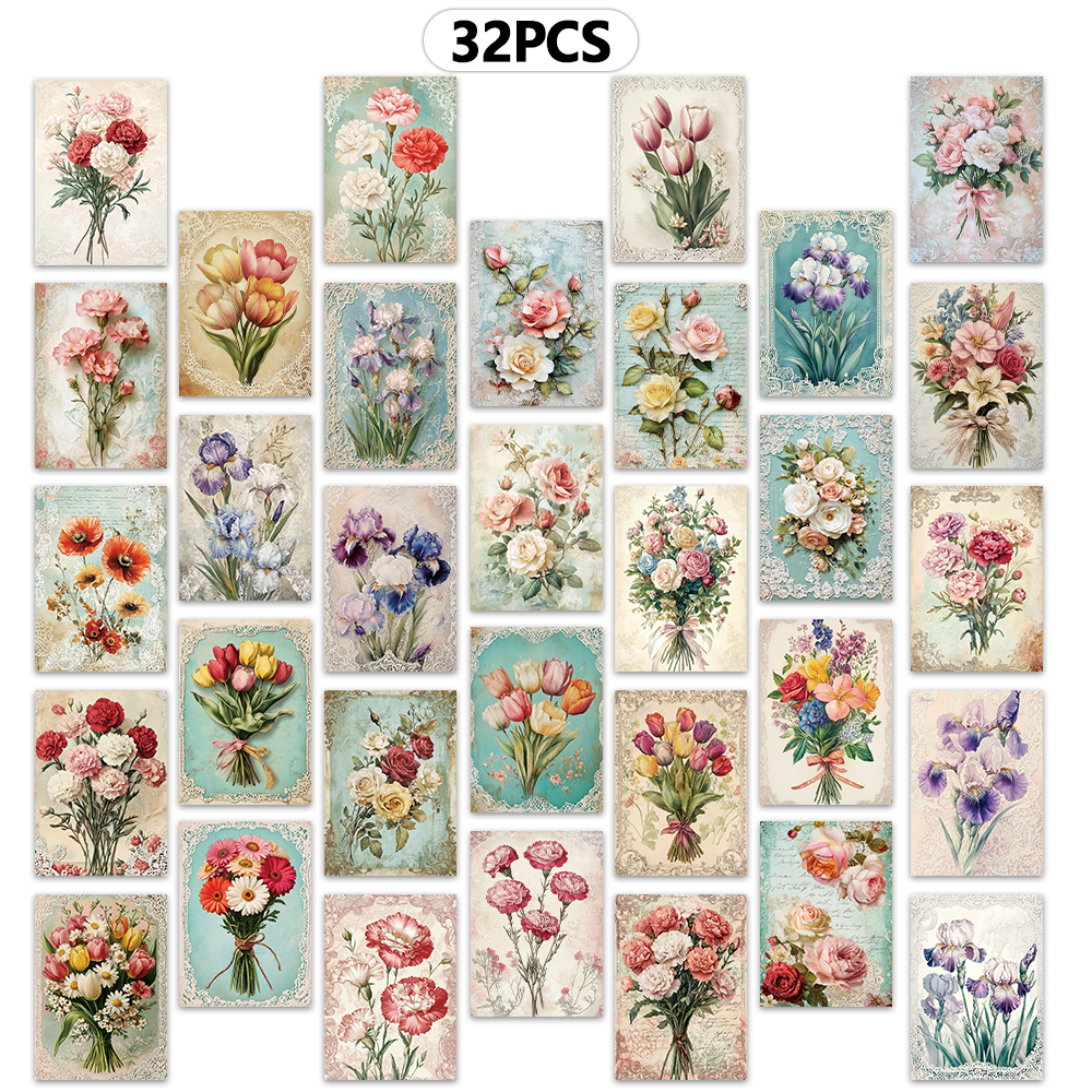 32pcs Vintage Flower Bouquet Postcards Floral Theme Greeting Cards Wall Stickers Bedroom Decor Retro Postcard Series.