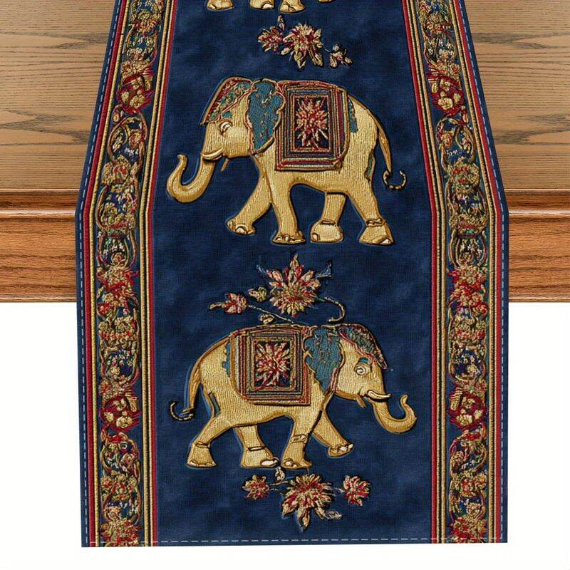 VIKAMA Happy Diwali Table Runner Golden Elephant Floral Pattern Indian Festival of Lights Dining Table Party Home Decor
