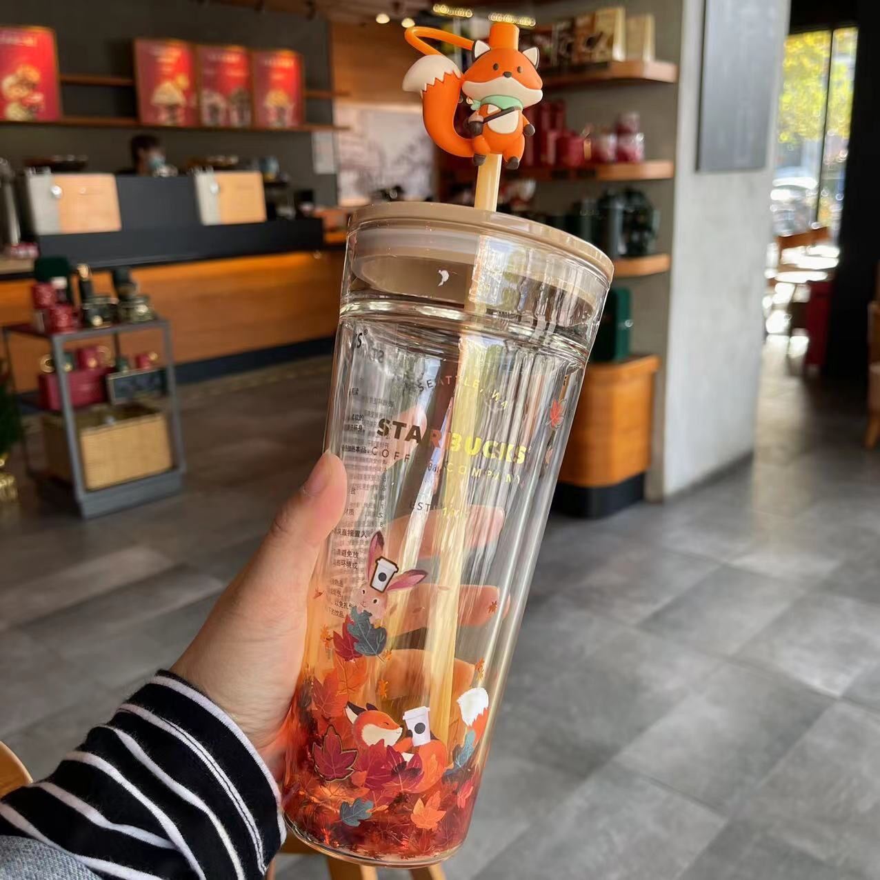 Starbucks Autumn fox Maple Leaf Cup Tumbler Straw Double Glass Set