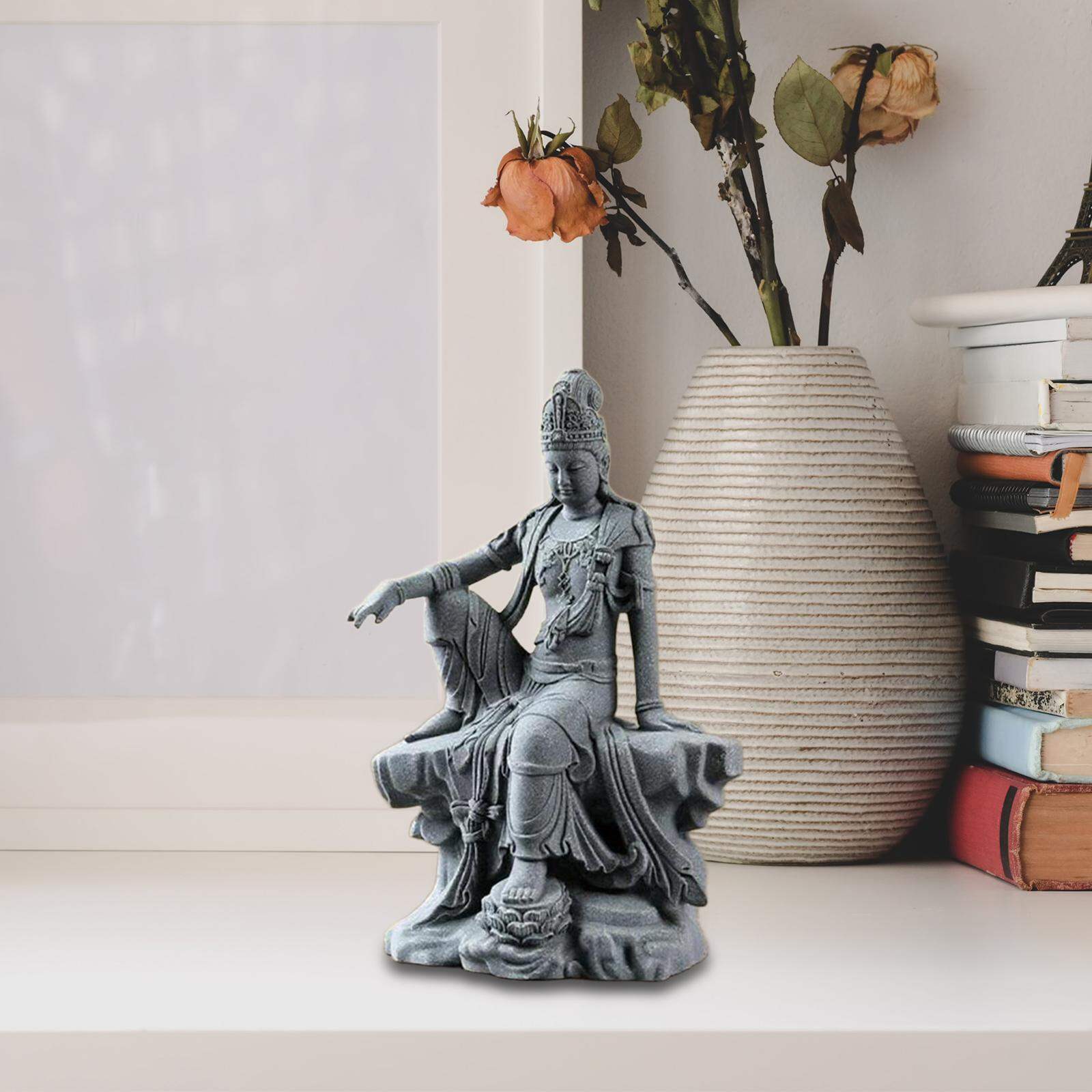 Gray Resin Buddhist Guanyin Statue Decorative Sculpture for Spiritual Home Altar Meditation Space