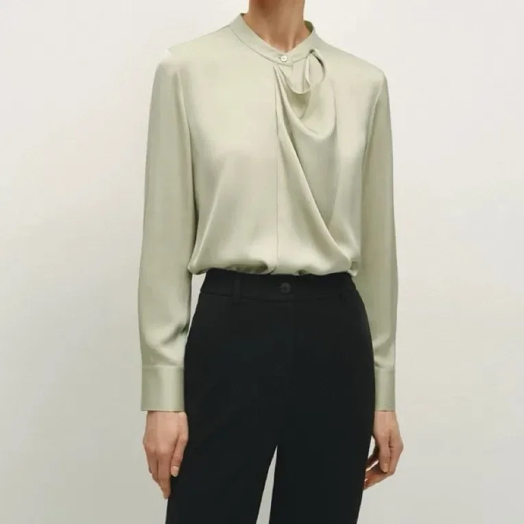 Spring New Style Silk Shirt Long Sleeve Lotus Leaf Edge Collar Commute Elegant Mulberry Silk Top Quality Chinese Cotton Fabric