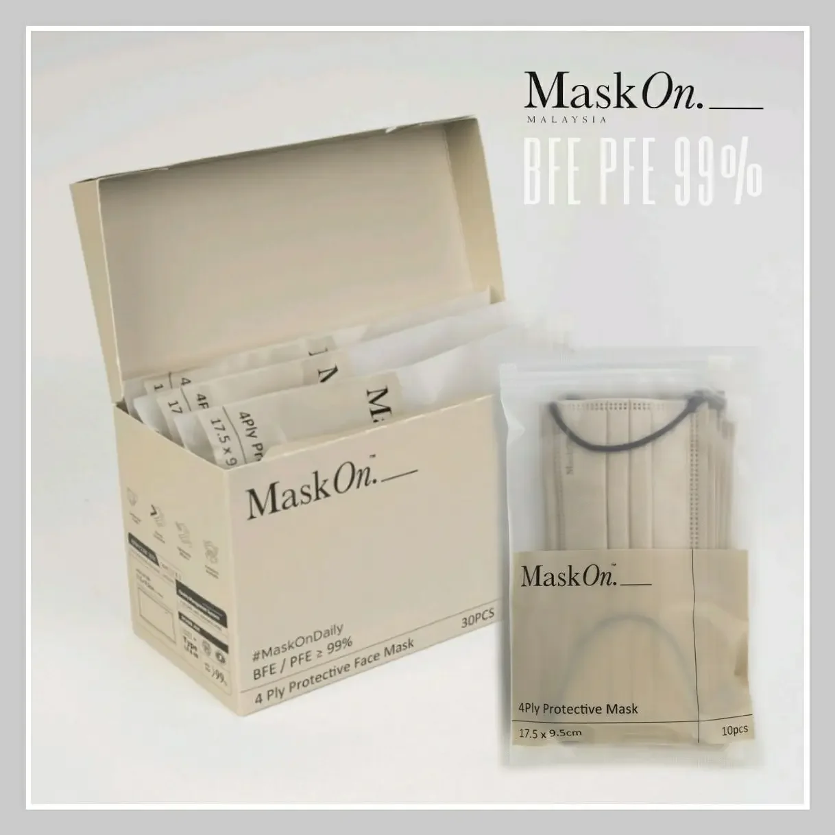 MaskOn Malaysia 医用外科口罩 4ply Camel Surgical Medical Face Mask BFE PFE 99% 30pcs / Box
