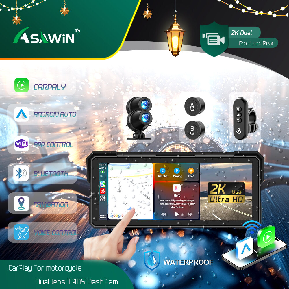 CarPlay Motorcycle Android Auto TMPS 2K Dual lens Dash Cam Wifi Bluetooth Asawin 8.1 Inch IPS HD Touch Screen Support Siri Google Voice control ราคา 2,359 บาท*ส่งฟรี