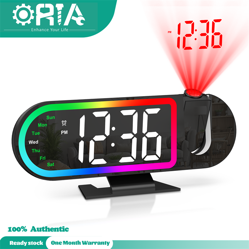 ‌ORIA Projection Alarm Clock Digital Clock with 180° Rotatable Projector & Flip Projection Time 3-Level Brightness Dimmer Snooze Night Mode Temperature Week Display RGB Night Light， for Bedroom Living room Home Decor