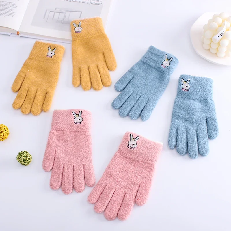 Children's Five-Finger Gloves Girls' Autumn Thin Wool Finger Elementary School Boy Fleece Lined Padded Warm Keeping Riding Winter