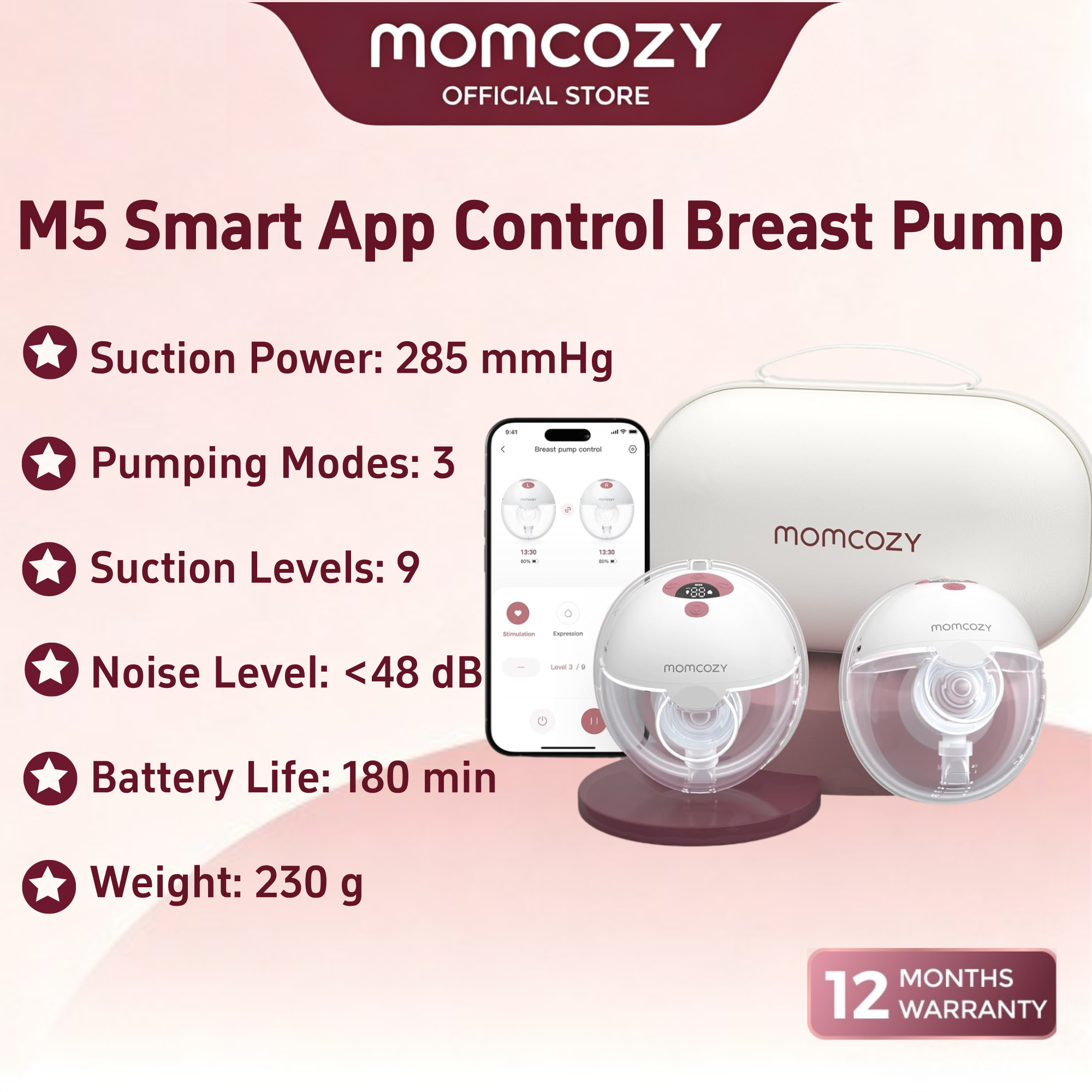 Momcozy M5 Máy hút sữa đeo được điều khiển bằng ứng dụng thông minh bơm điện không dây rảnh tay 3 Chế Độ 9 cấp độ hút không có BPA Trọng lượng nhẹ di động mặt bích 24mm 1 gói màu xám
