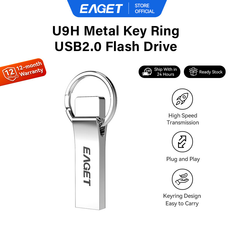 EAGET U9H Metal USB 2.0 Flash Drive With Keyring Pendrive All-Metal Thumb Drive Plug and Play Portable USB Storage For Laptop Car Audio Phone Tablet8GB 16GB 32GB 64GB 128GB ราคา 147 บาท*ส่งฟรี