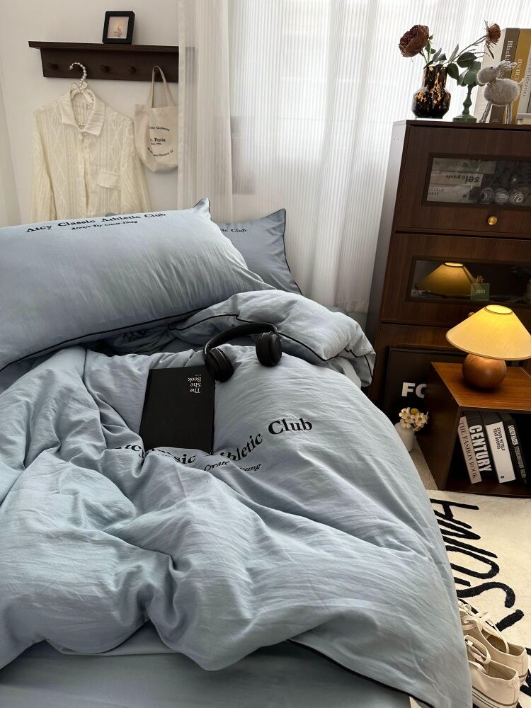 Soft Washed Cotton Bedding Set Gentle Lazy Style Ins Blue Embroidery 4pc Bedding Sheets Duvet Cover Pillowcases Student 3pc Harga  182 Ringgit*Penghantaran Percuma