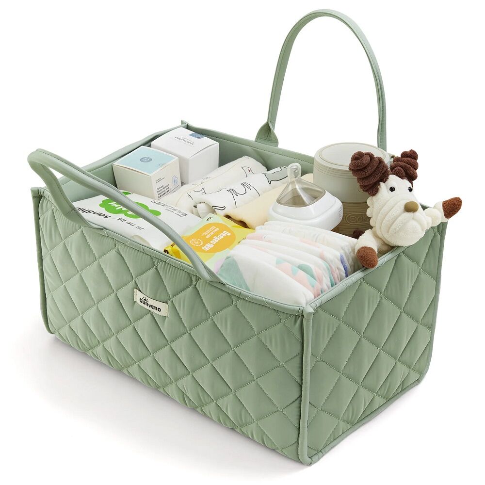 Sunveno Quilted Baby Diaper Caddy Organizer with Detachable Dividers and Wipes Pocket Lightweight Nursery Storage Basket for Newborn Essentials