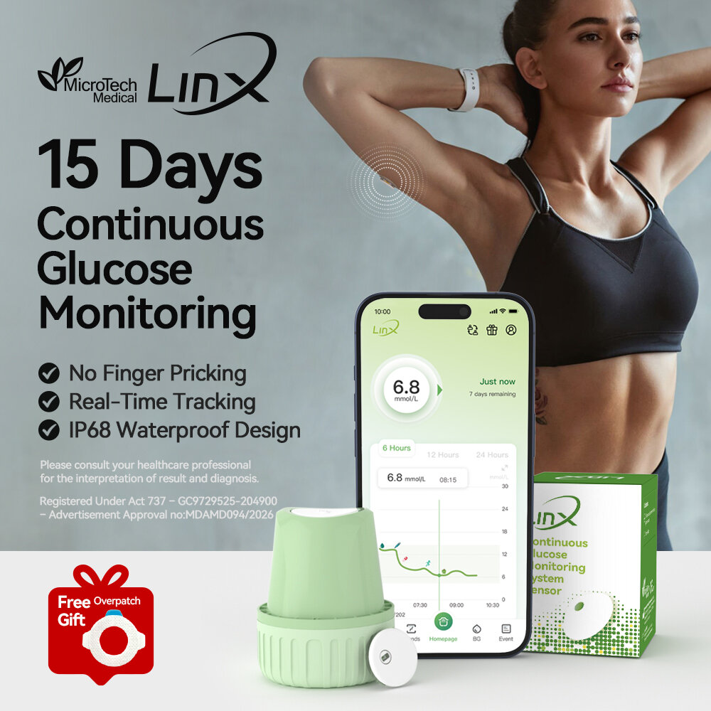 LinX CGM 15-Day Continuous Glucose Monitor 24H Real-Time Blood Sugar Test No Finger Pricking for Diabetes​ Management