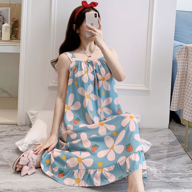 Korean Style Women's Sleepwear Strapless Cartoon Pure Cotton Sexy Summer Home Clothes Silk Student Sleeveless Nightgown Artificial Cotton plus Size. 