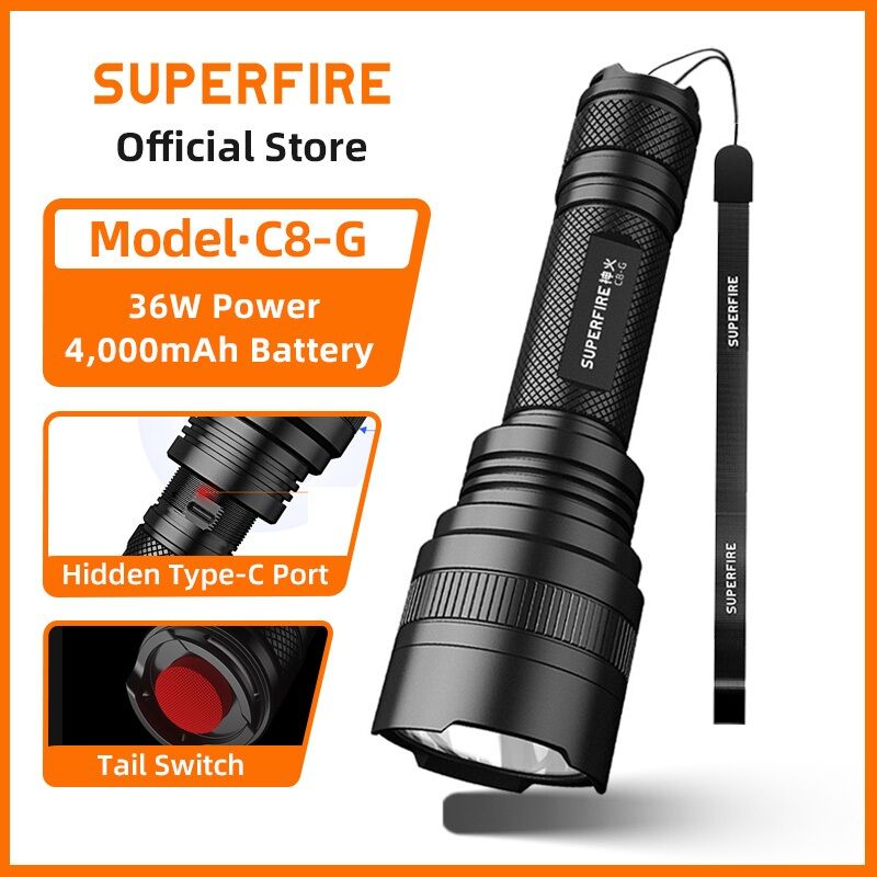 SUPERFIRE C8-G LED High Power Flashlight 36W USB-C Rechargeable 2200LM 5 Light Modes Ultra super powerful torch ราคา 4,439 บาท*ส่งฟรี