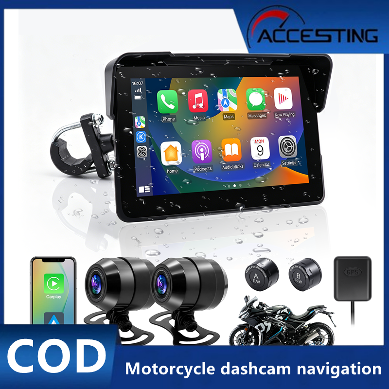 Fully waterproof IP67 motorcycle dash cam with navigation, waterproof LCD screen, supports wireless CarPlay and Android Auto. ราคา 8,282 บาท*ส่งฟรี