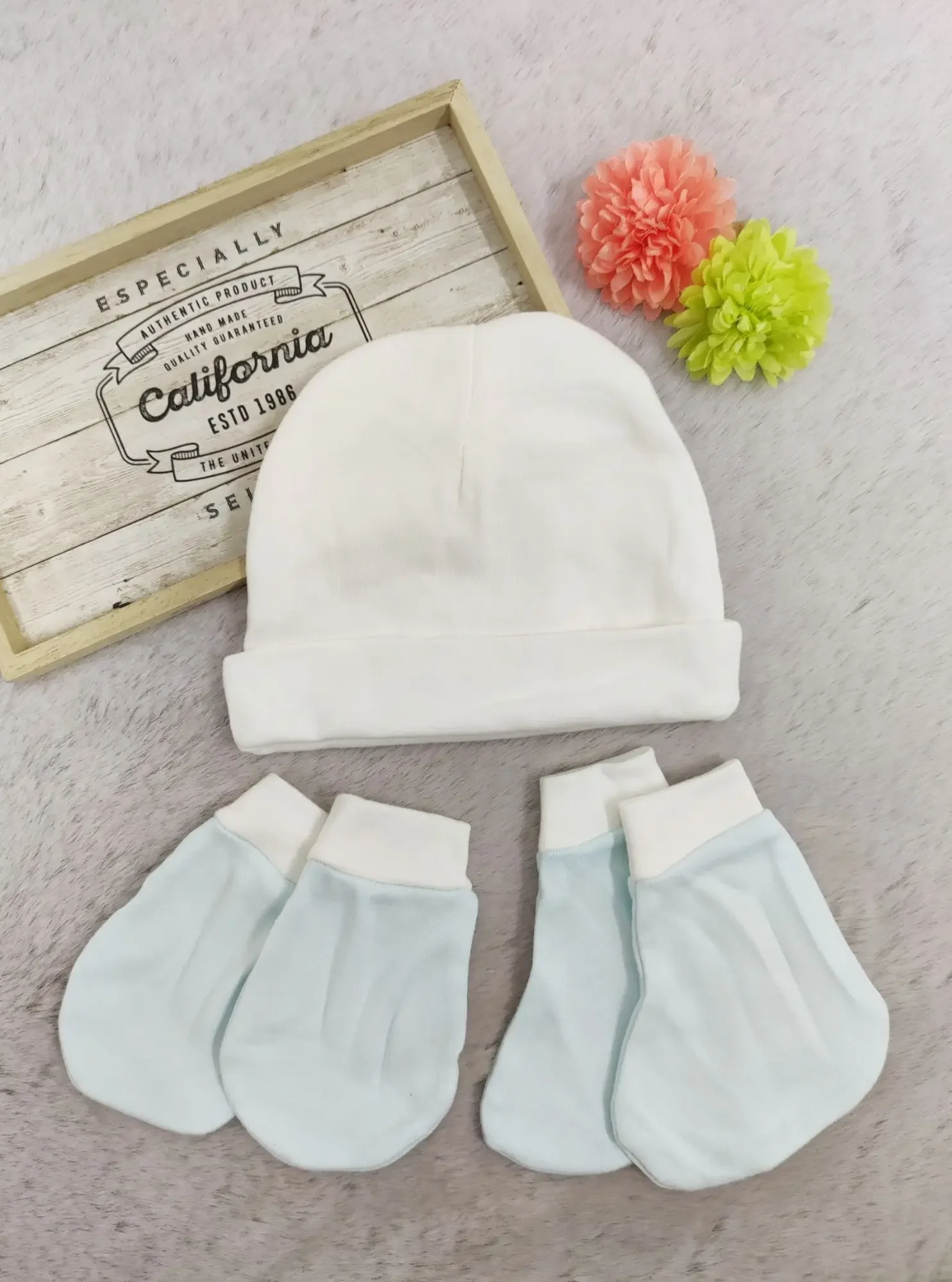 [3 in 1] Newborn Baby Hat Mittens Booties Set (Soft Cotton) (7)