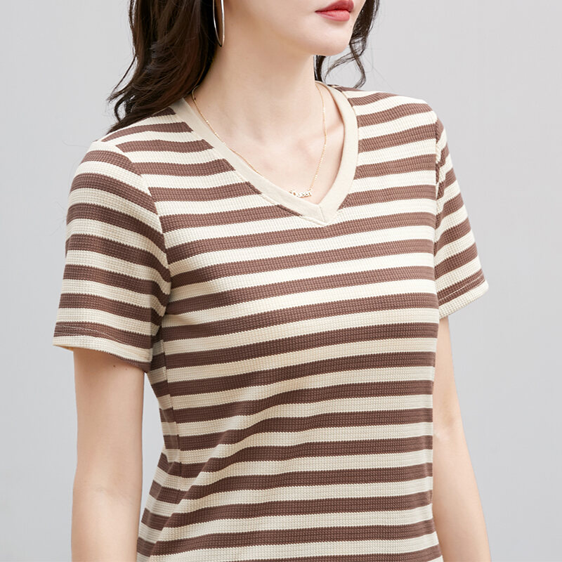 Women Short Sleeve V-Neck T-shirt Casual Tee Stripe Tops | Lazada PH