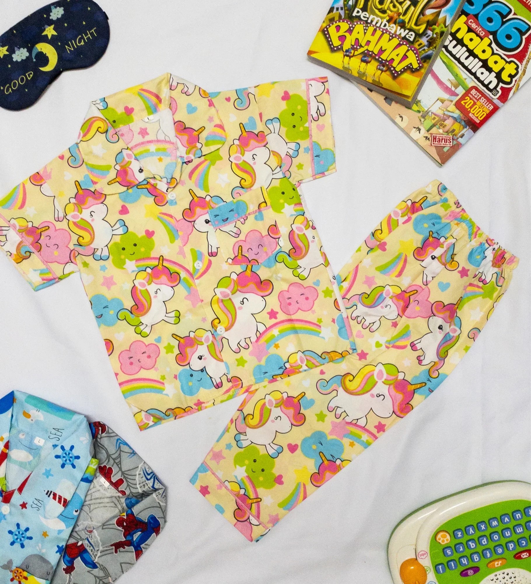 Pyjamas kids cotton baju tidur budak sleepsuit sleepwear unicorn yellow