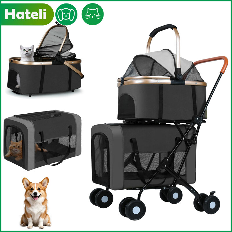 Hateli Foldable Multi-Functional Pet Dog Stroller with Tas Carrier for 2 Pets for Small and Medium Dogs, Weight 35kg. Comes with a Removable Safety Lock Dog Bowl. ราคา 4,650 บาท*ส่งฟรี