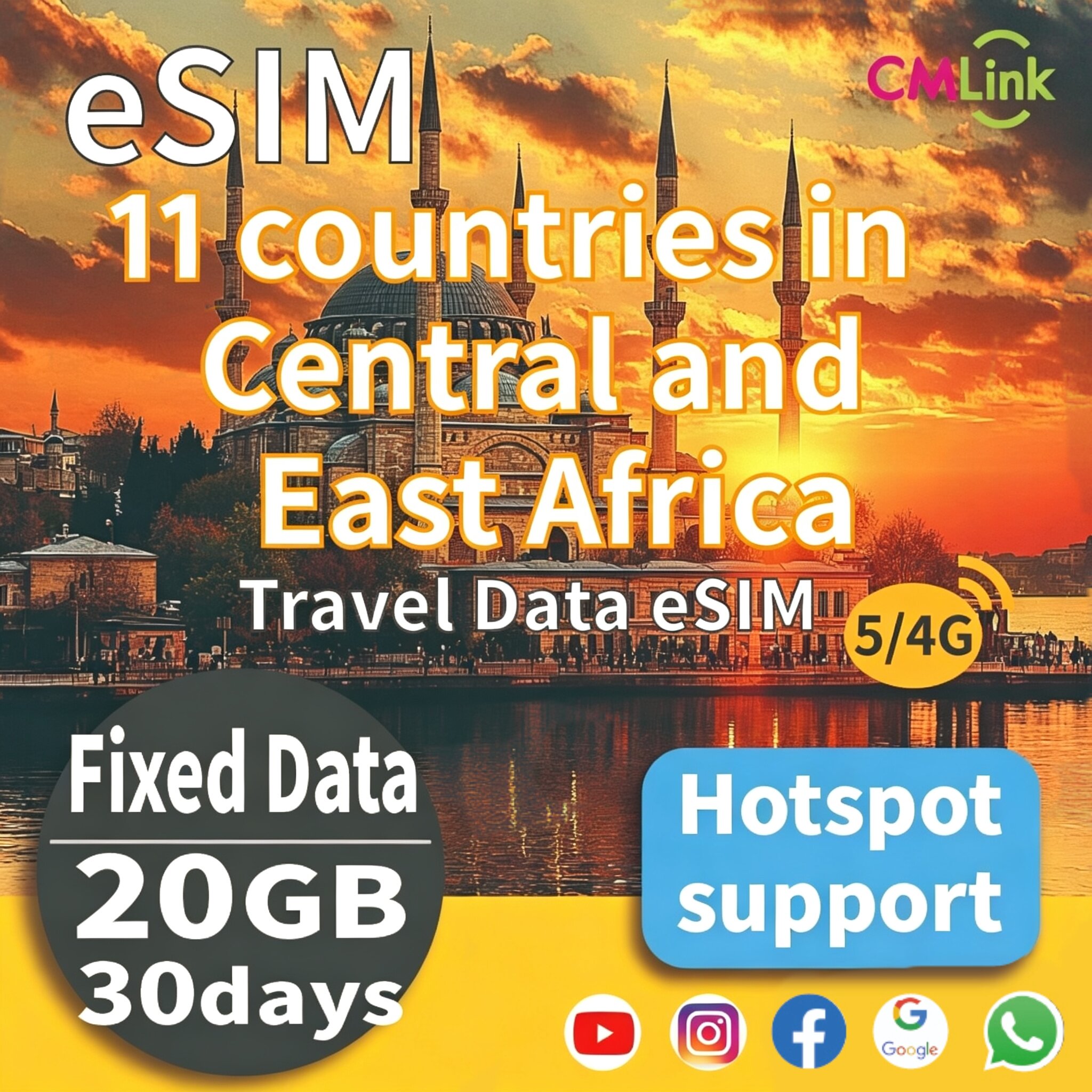 Eleven countries in Central and East Africa Travel Data eSIM Card (15-30Days, 5GB-20GB High-Speed Data+Hotspot,QR Code Sent to Your Email) ราคา 689 บาท*ส่งฟรี