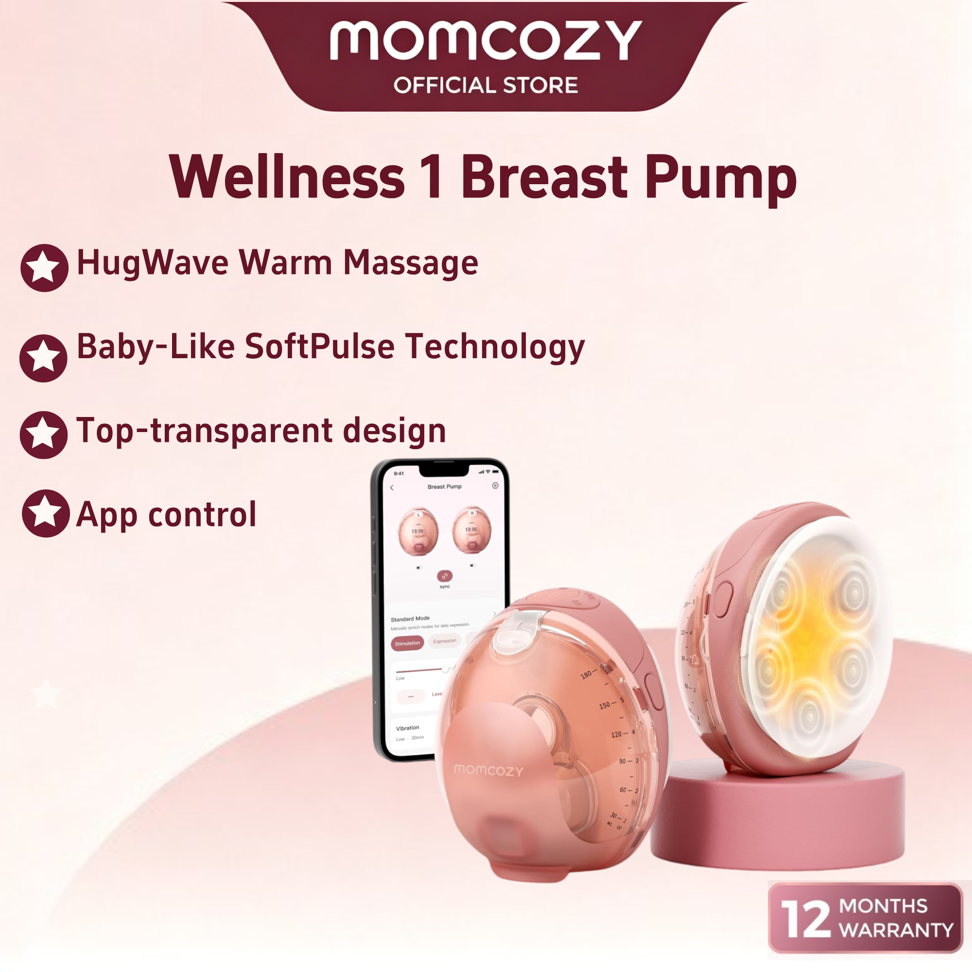[Early access on 7.31]Momcozy Wellness 1 Wearable Breast Pump Warm-Massage Hands-Free Pump with Heated Flange&Simulated Massage for Comfortable Breastfeeding&Let-Down App-Controlled 4 Modes 12 Levels 180ml/6oz
