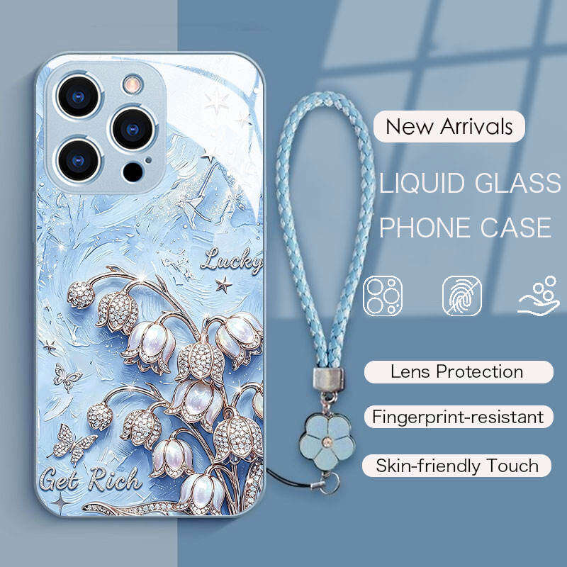 Case For iPhone 17 Pro Max,16Promax Liquid Glass back soft frame,Flower Print With Cute Hand Strap for woman,iPhone15promax 12 13 14