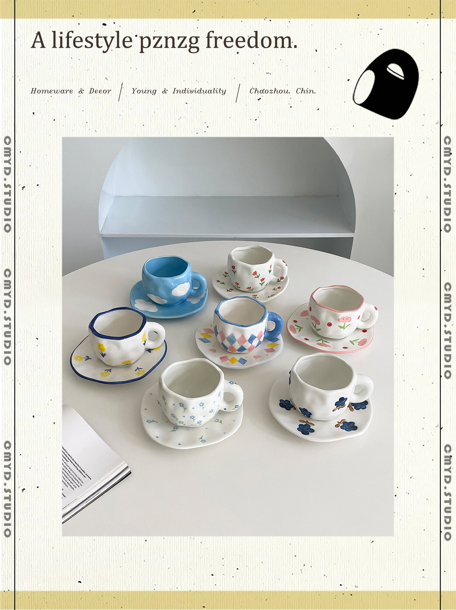 280 ml, ręcznie malowany, ceramiczny kubek w kratkę z motywem serca i chmurki, w stylu nordyckim, prezent na kawę
_voghion.com