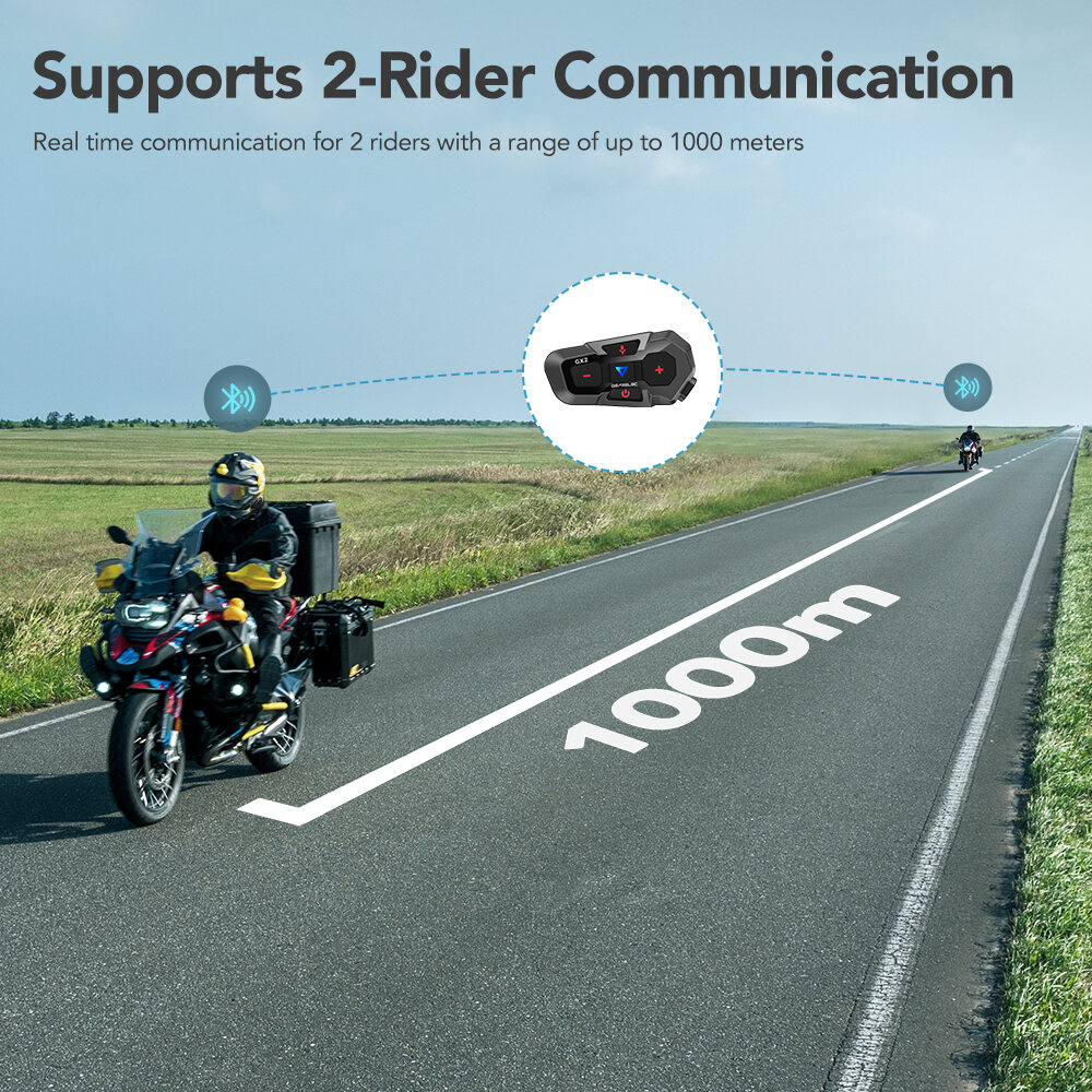 GEARELEC GX2 Motorcycle Helmet Bluetooth 5.1 Intercom System 2 Riders 1000m Wireless Interphone Headset with Voice Control. 