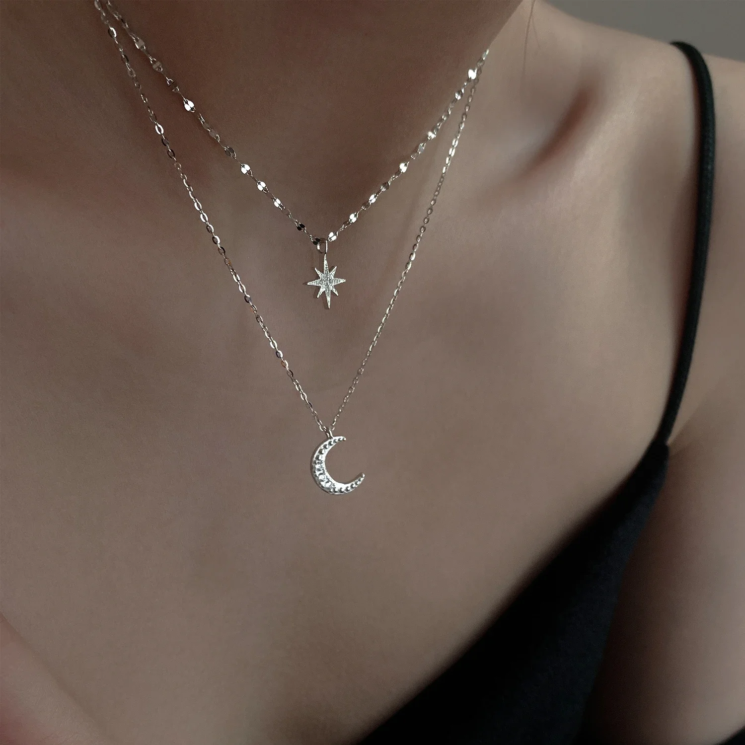 Love Moon Double-Layer Necklace Women's Summer Sterling Silver Niche Design Asterism Pendant All-Match Clavicle Chain Ins Cold