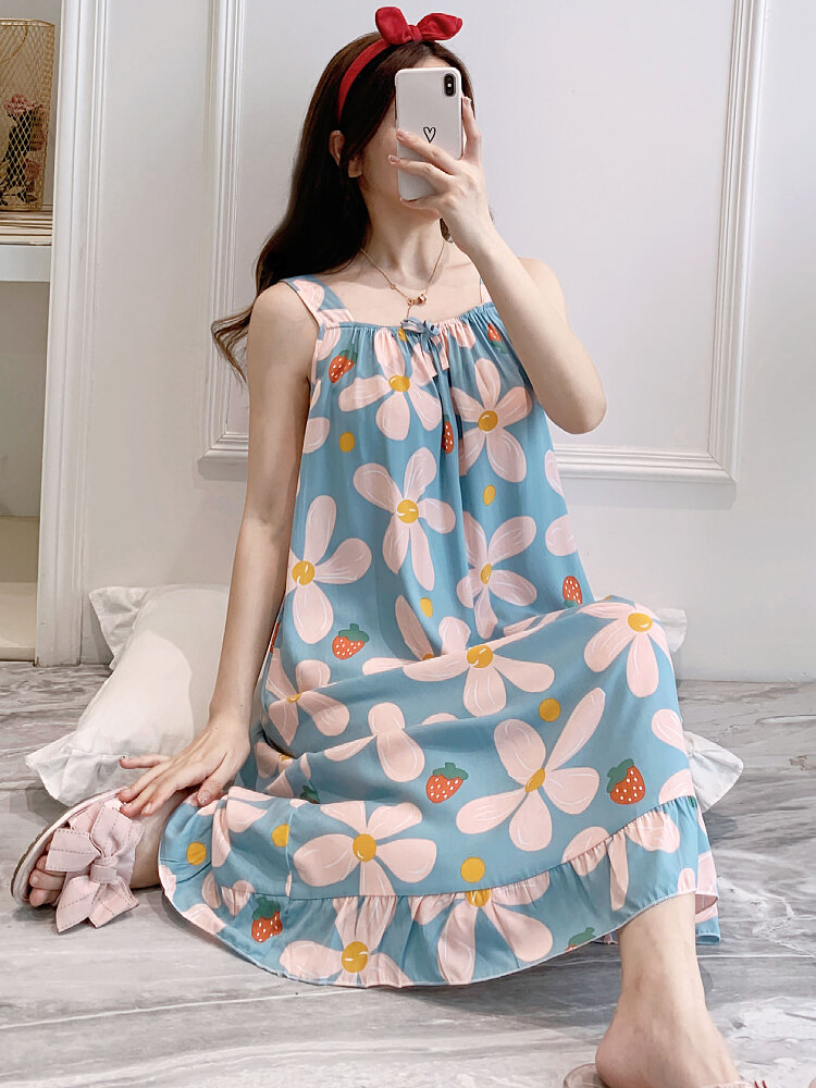 Korean Style Women's Sleepwear Strapless Cartoon Pure Cotton Sexy Summer Home Clothes Silk Student Sleeveless Nightgown Artificial Cotton plus Size