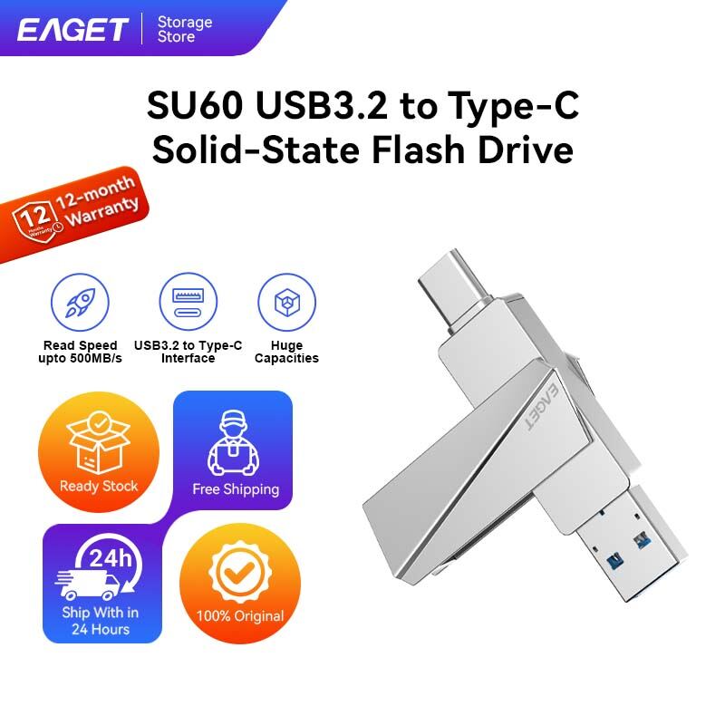 EAGET SU60 2-in-1 USB3.2 Gen1 Flash Drive USB-A & Type-C OTG Pendrive Zinc Alloy Rotatable Thumb Drive Up To 500MB/s For Android Phone Laptop PC Car ราคา 2,015 บาท*ส่งฟรี