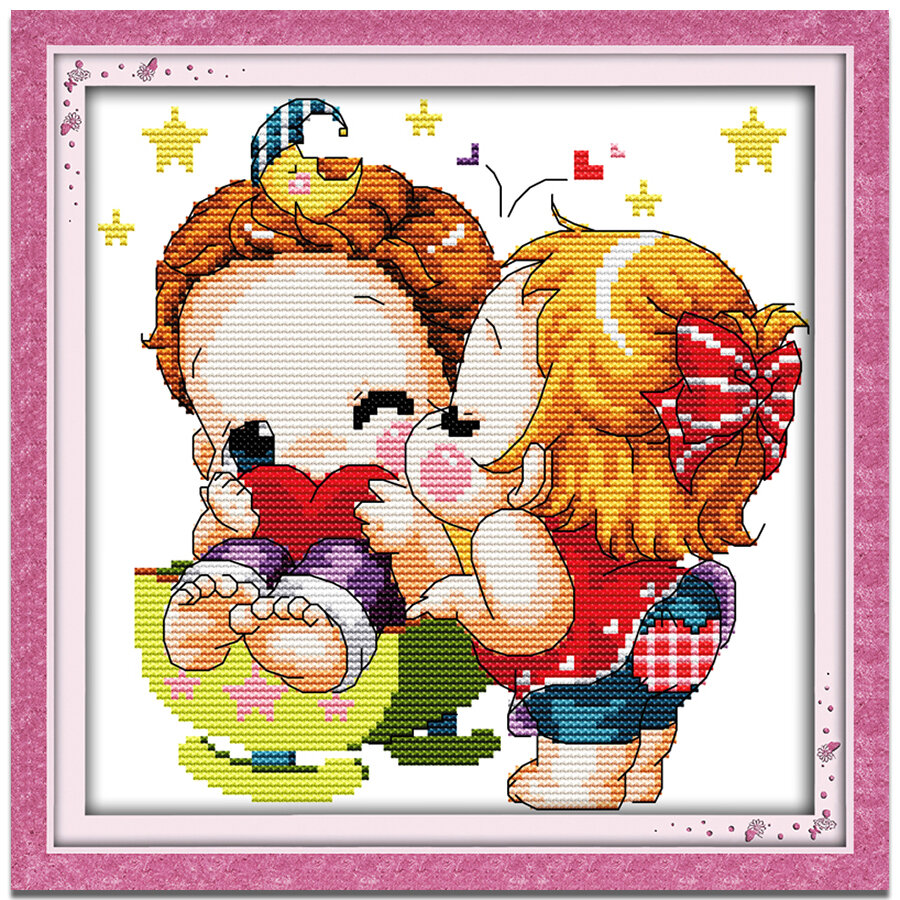 Cross Stitch Set Baby Boy and Girl Child Character Full Kit with Pattern 14/11CT