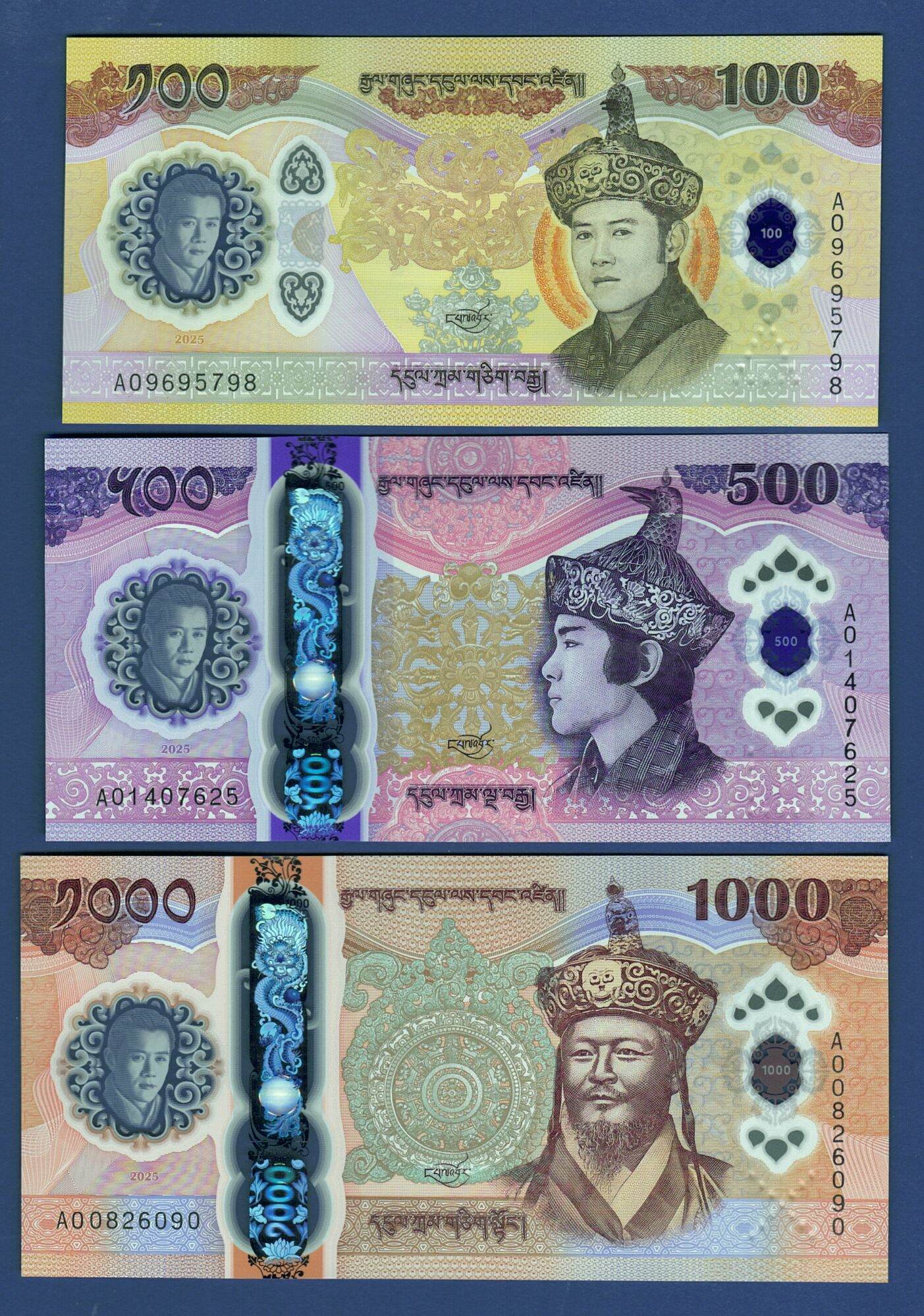 Bhutan 100 500 1000 ngultrum banknotes 2025. Set of 3. Beautiful designs and colors.